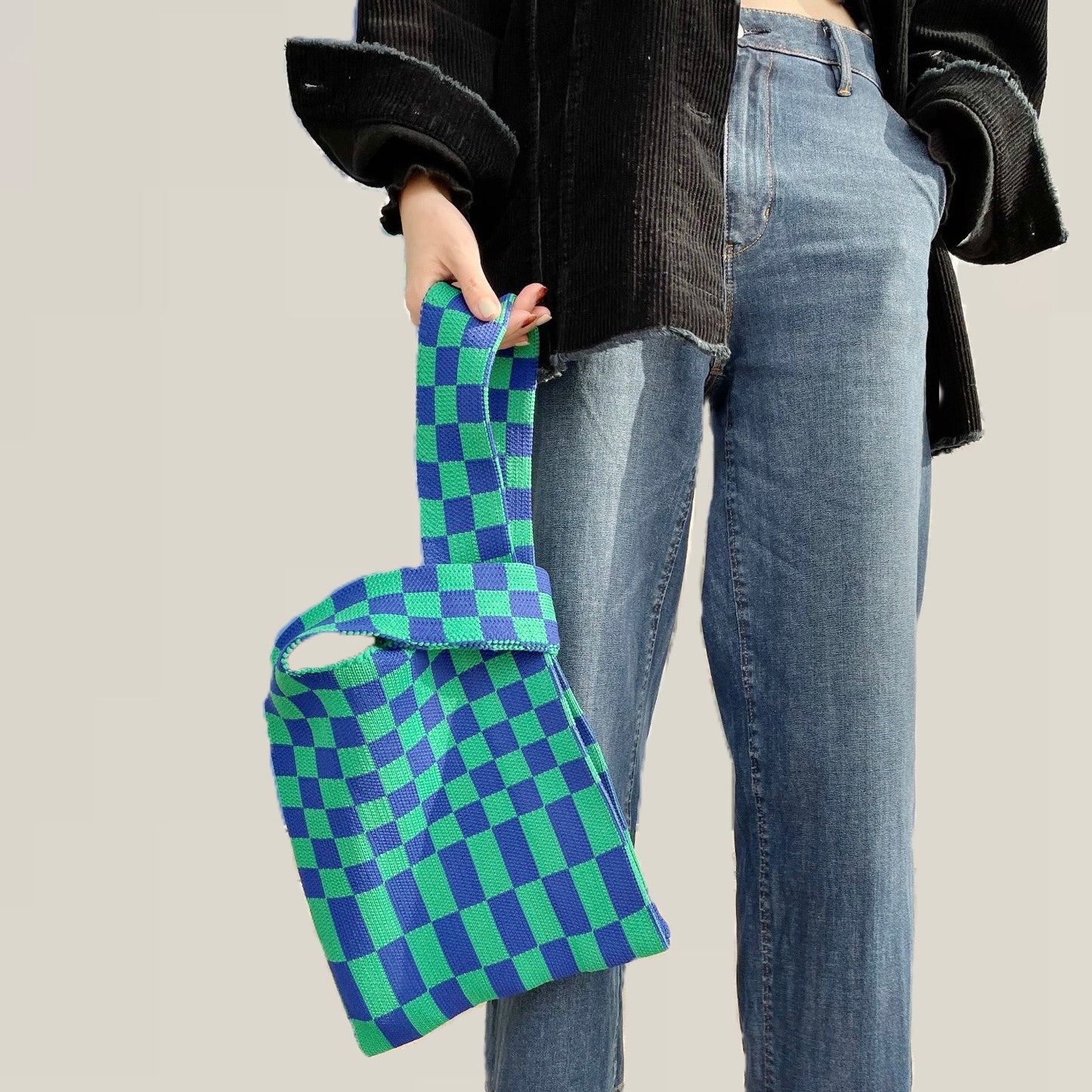 Grid Tote Bag I DARK GREEN - BLUE