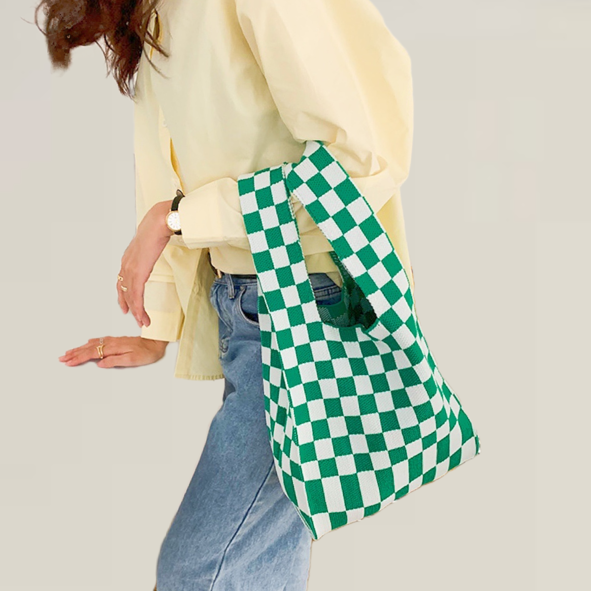 Grid Tote Bag I GREEN - WHITE